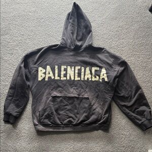 Balenciaga Distressed Black Hoodie with Contrasting Pale Logo